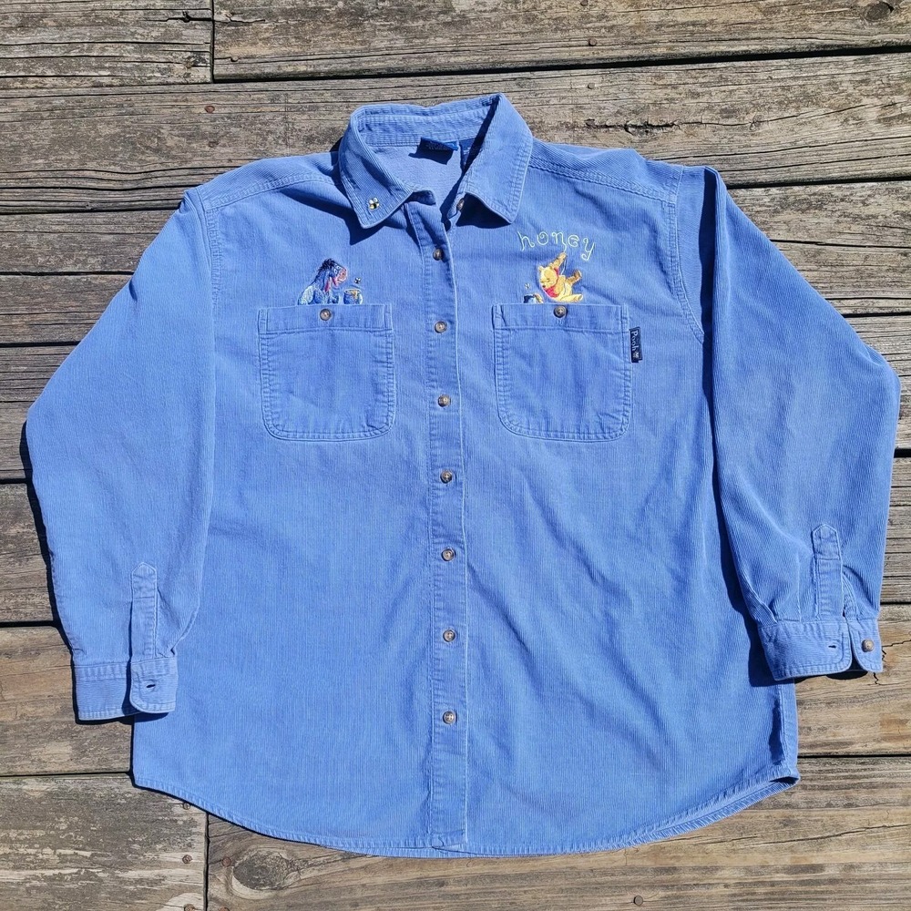 Disney Winnie The Pooh Honey Size L Corduroy Long Sleeve Button Up Light Blue
